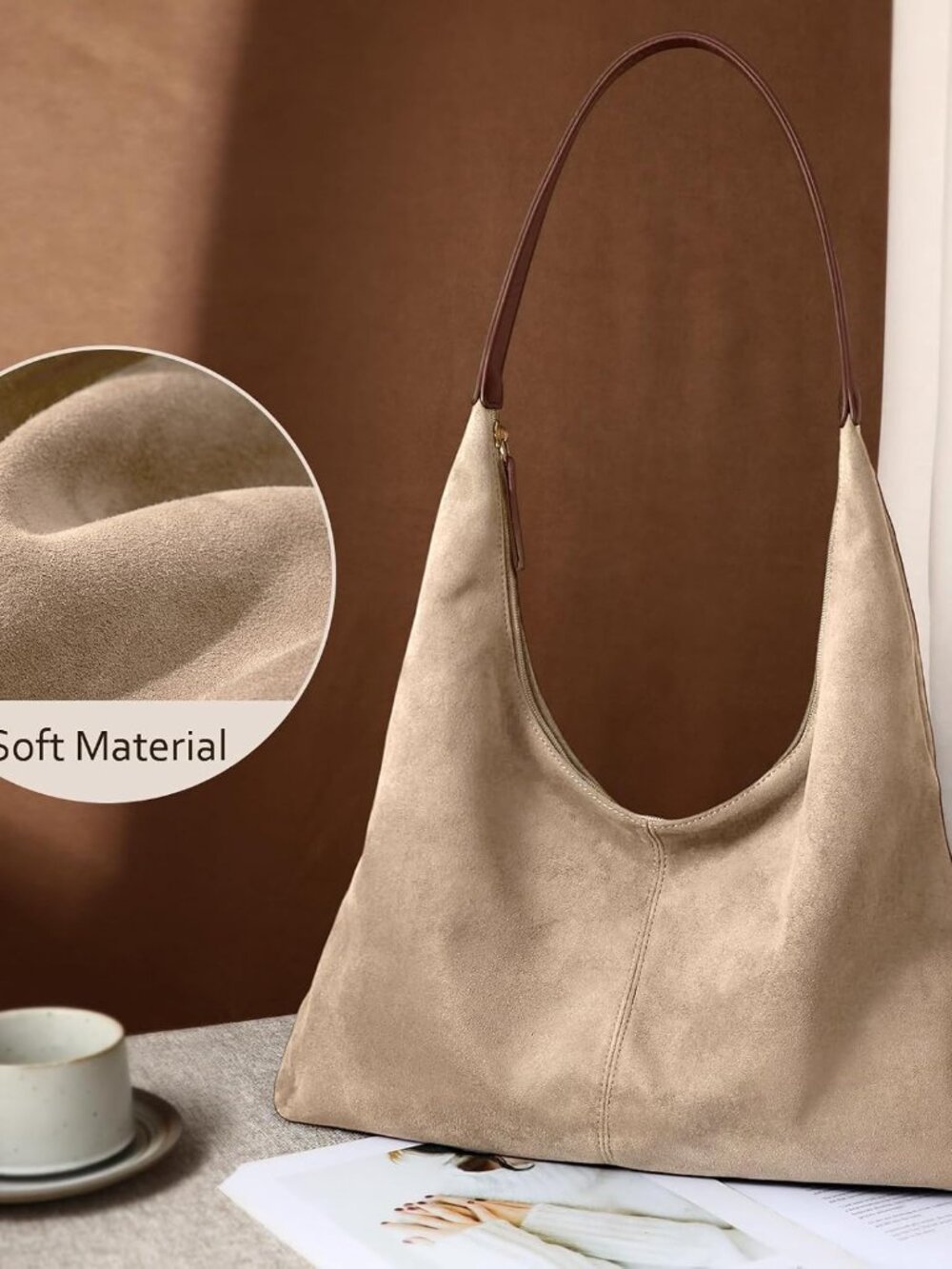 Suede Shoulder Bag for Women Suede Purse Boho Bags Slouchy Tote Bag Satchels Tre - Picture 4 of 8